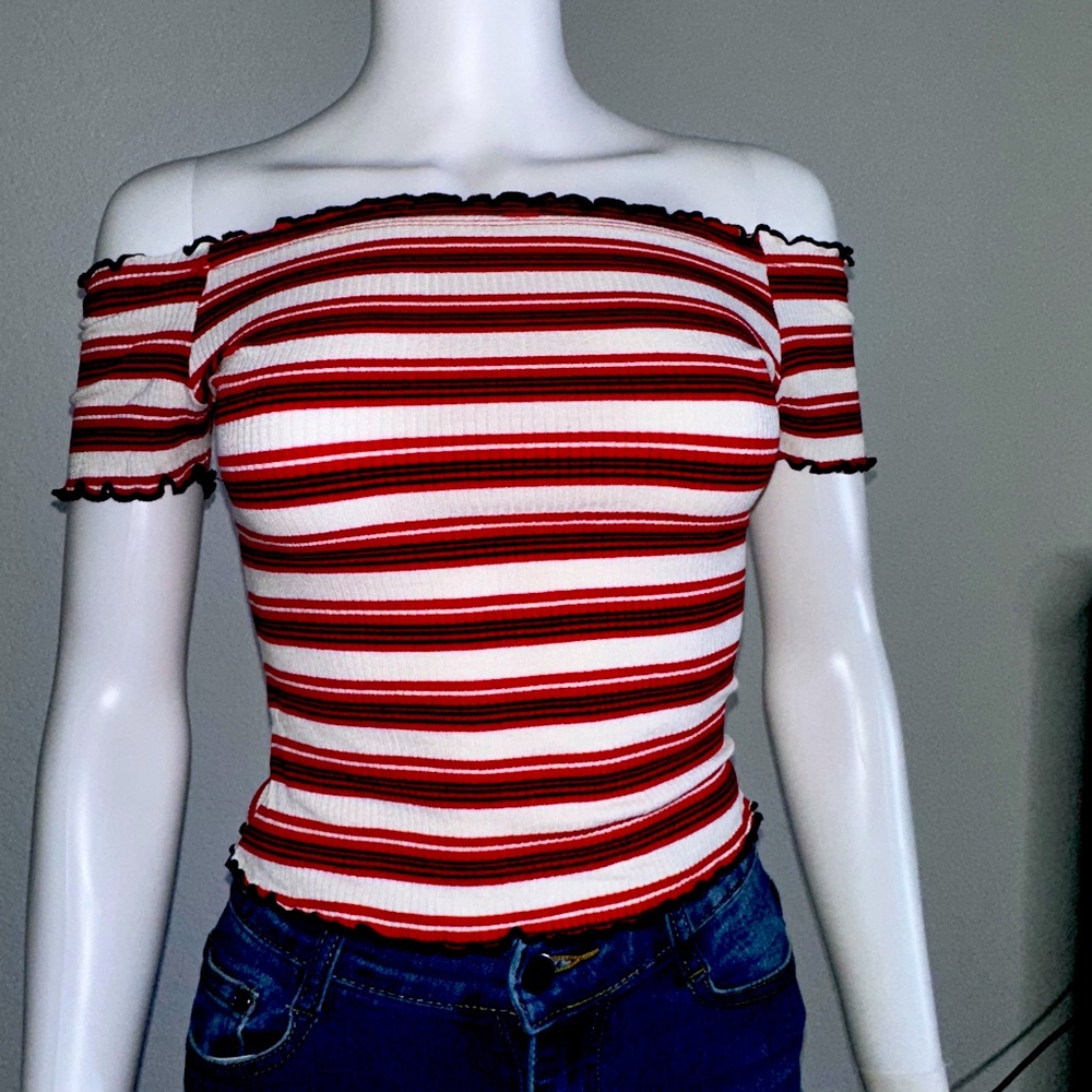 Red, White, and Blue Striped Off-the-Shoulder Shirt